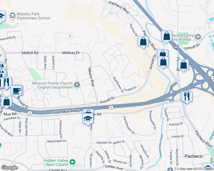 map of restaurants, bars, coffee shops, grocery stores, and more near 2058 Marazzani Drive in Martinez