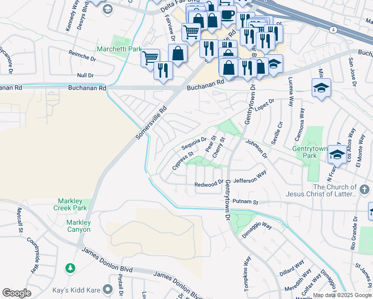 map of restaurants, bars, coffee shops, grocery stores, and more near 2351 Sequoia Drive in Antioch