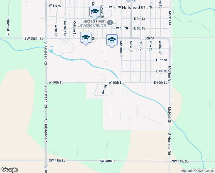 map of restaurants, bars, coffee shops, grocery stores, and more near 1006 Kim Street in Halstead