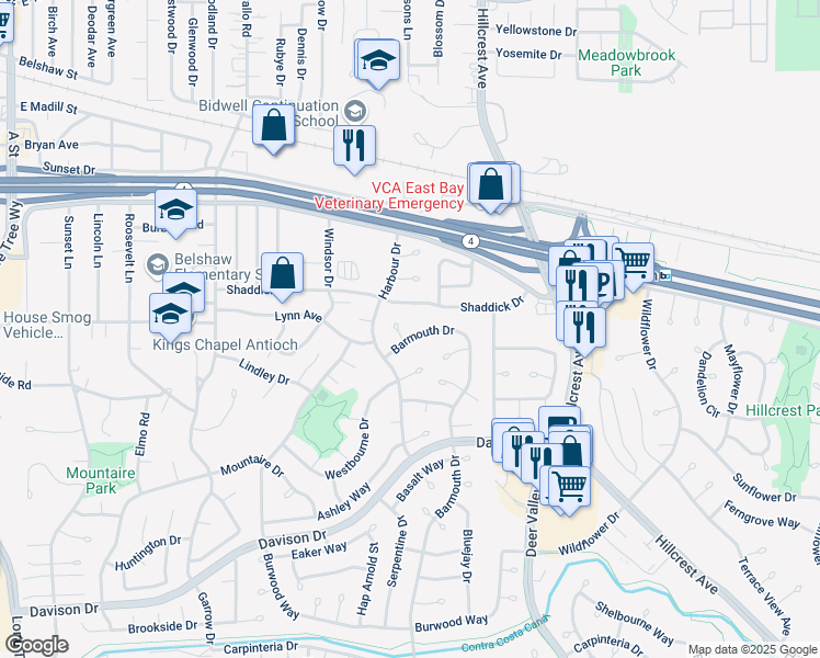 map of restaurants, bars, coffee shops, grocery stores, and more near 3015 Barmouth Drive in Antioch