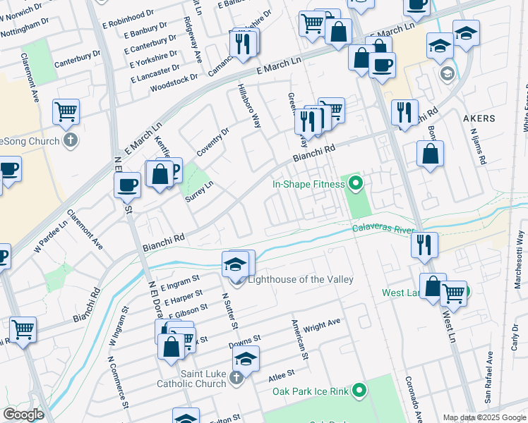 map of restaurants, bars, coffee shops, grocery stores, and more near 4414 La Cresta Way in Stockton