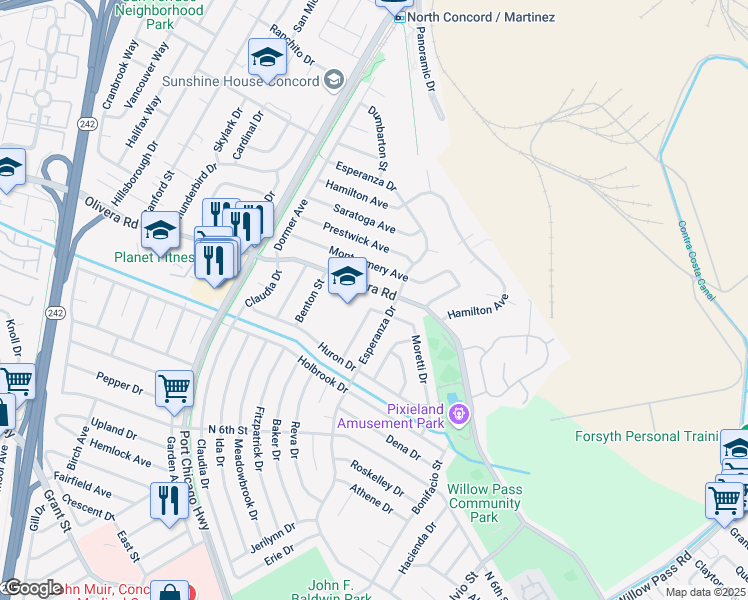 map of restaurants, bars, coffee shops, grocery stores, and more near 3367 Esperanza Drive in Concord