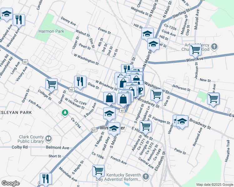 map of restaurants, bars, coffee shops, grocery stores, and more near 30 West Broadway Street in Winchester