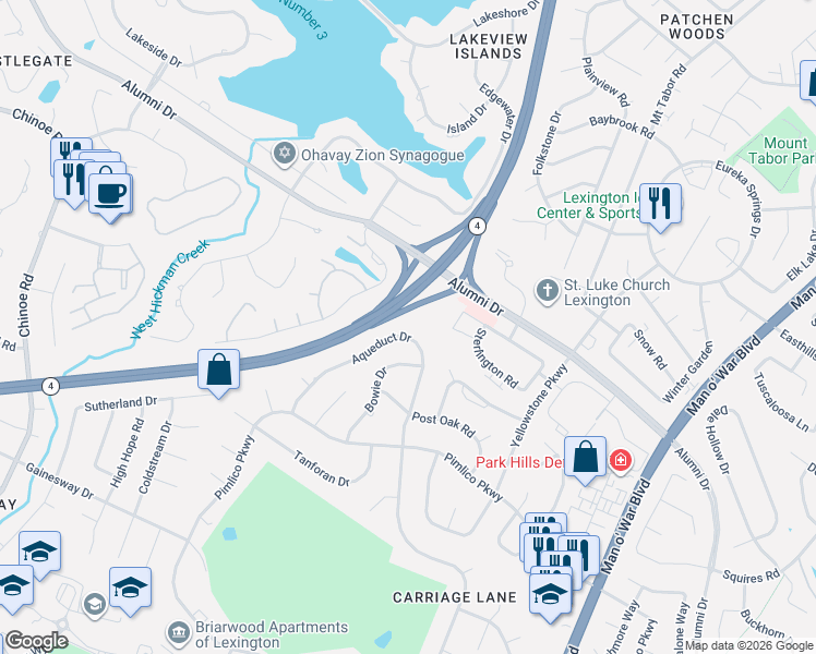 map of restaurants, bars, coffee shops, grocery stores, and more near 3209 Aqueduct Drive in Lexington