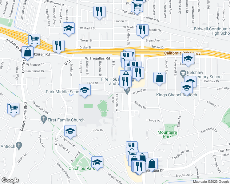 map of restaurants, bars, coffee shops, grocery stores, and more near 2841 D Street in Antioch