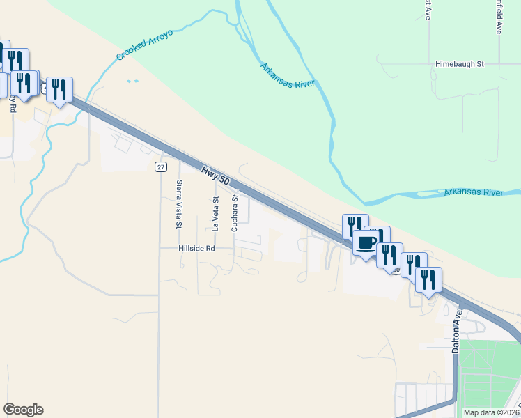 map of restaurants, bars, coffee shops, grocery stores, and more near 27378 Frontage Road in La Junta