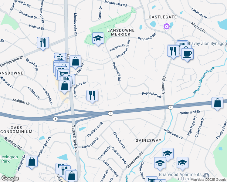 map of restaurants, bars, coffee shops, grocery stores, and more near 3405 Sanmaur Court in Lexington