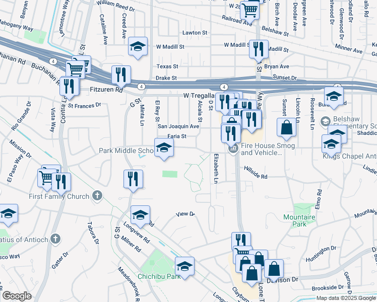 map of restaurants, bars, coffee shops, grocery stores, and more near 509 Putnam Street in Antioch