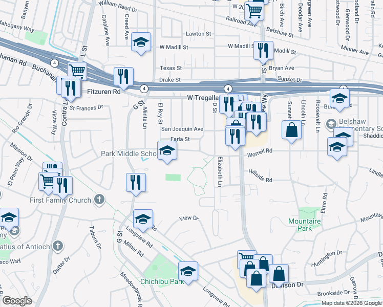 map of restaurants, bars, coffee shops, grocery stores, and more near 509 Putnam Street in Antioch