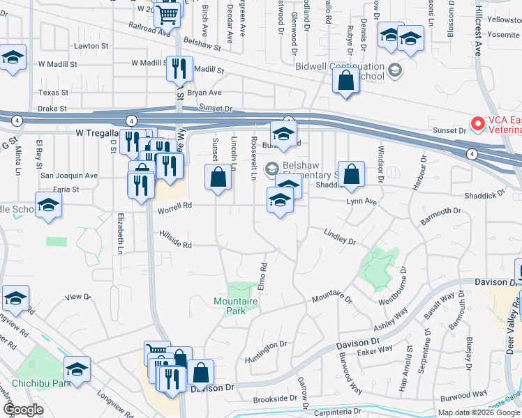 map of restaurants, bars, coffee shops, grocery stores, and more near 306 Worrell Road in Antioch