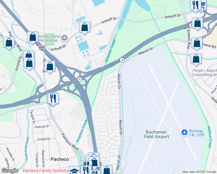 map of restaurants, bars, coffee shops, grocery stores, and more near 341 Vista Del Rio Drive in Pacheco