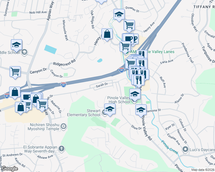 map of restaurants, bars, coffee shops, grocery stores, and more near 2080 Sarah Drive in Pinole