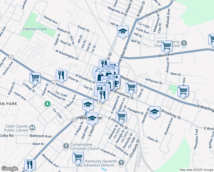 map of restaurants, bars, coffee shops, grocery stores, and more near 5 West Broadway Street in Winchester