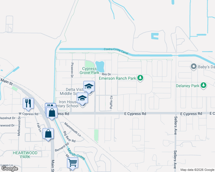 map of restaurants, bars, coffee shops, grocery stores, and more near 51 Dowitcher Court in Oakley
