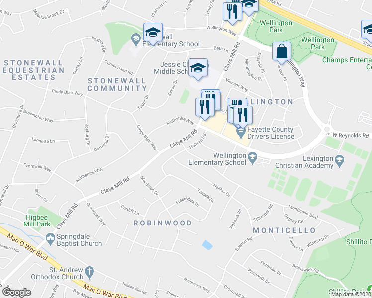 map of restaurants, bars, coffee shops, grocery stores, and more near 3399 Holwyn Road in Lexington