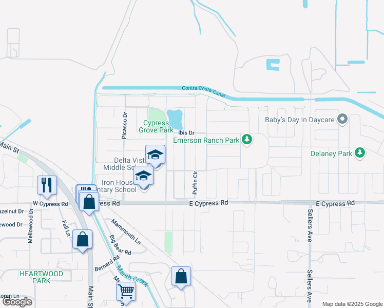 map of restaurants, bars, coffee shops, grocery stores, and more near 71 Dowitcher Court in Oakley