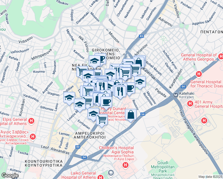 map of restaurants, bars, coffee shops, grocery stores, and more near in Athina