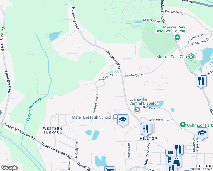 map of restaurants, bars, coffee shops, grocery stores, and more near 1601 North Elm Avenue in Evansville