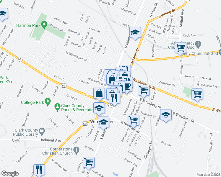map of restaurants, bars, coffee shops, grocery stores, and more near 30 West Broadway Street in Winchester