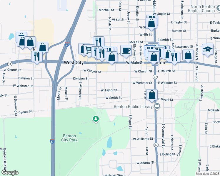 map of restaurants, bars, coffee shops, grocery stores, and more near 414 West Taylor Street in Benton