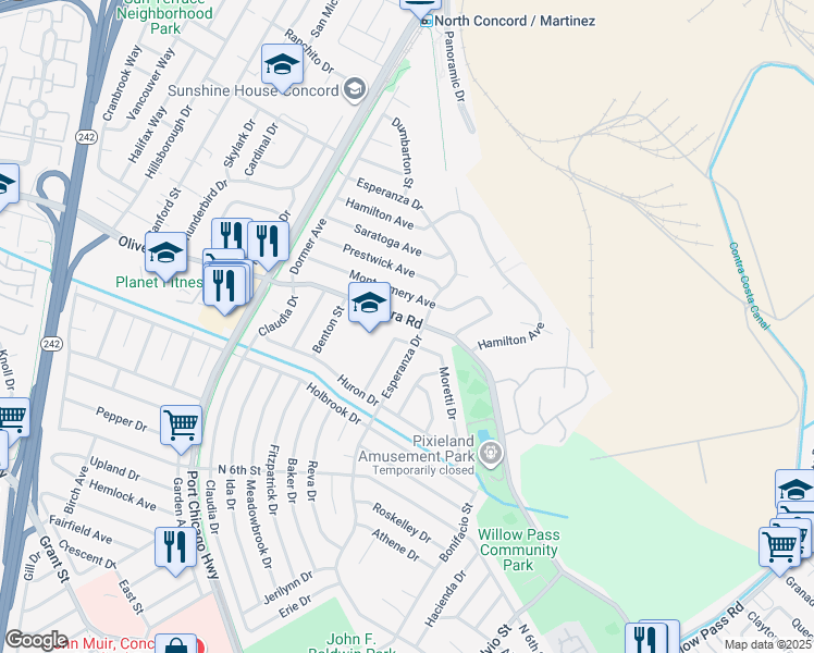 map of restaurants, bars, coffee shops, grocery stores, and more near 2644 East Olivera Road in Concord