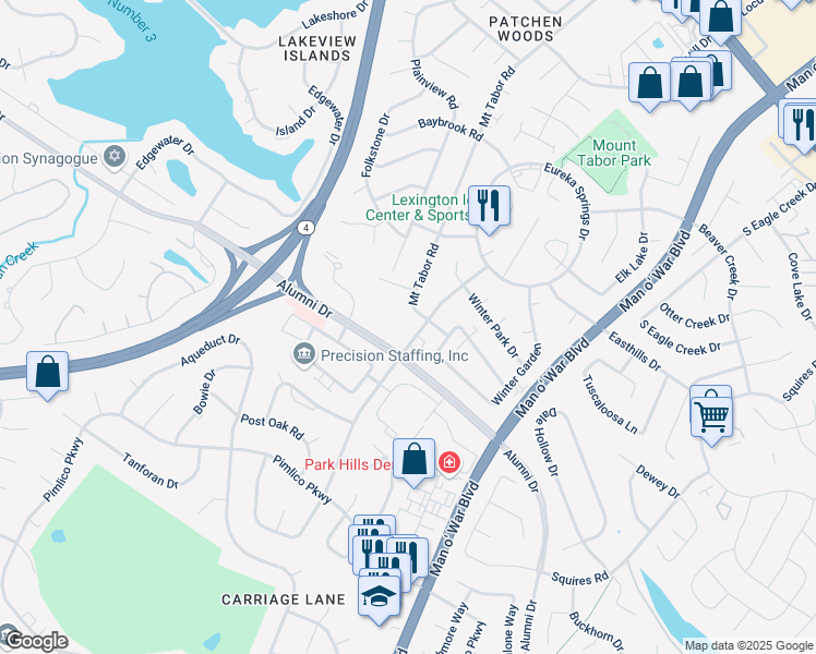 map of restaurants, bars, coffee shops, grocery stores, and more near 2393 Alumni Drive in Lexington