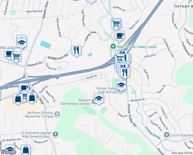 map of restaurants, bars, coffee shops, grocery stores, and more near 2080 Sarah Drive in Pinole