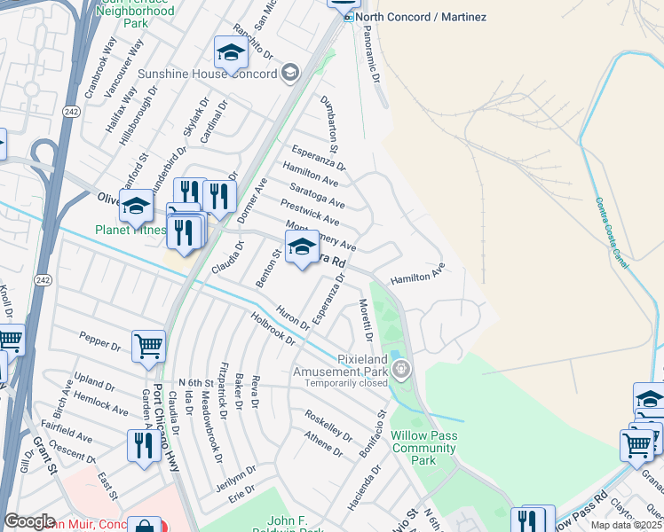 map of restaurants, bars, coffee shops, grocery stores, and more near 2644 East Olivera Road in Concord