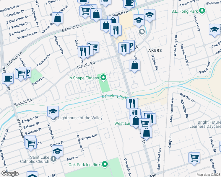 map of restaurants, bars, coffee shops, grocery stores, and more near 4417 Oakfield Drive in Stockton