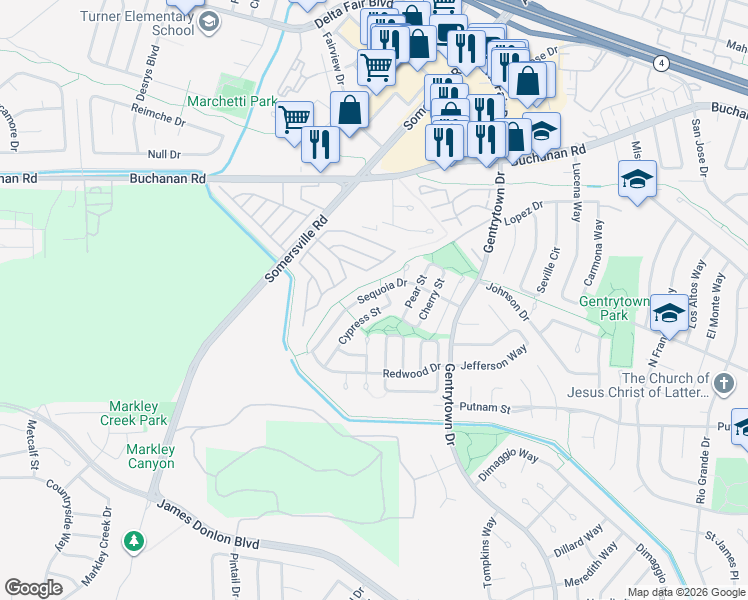 map of restaurants, bars, coffee shops, grocery stores, and more near 2343 Sequoia Drive in Antioch