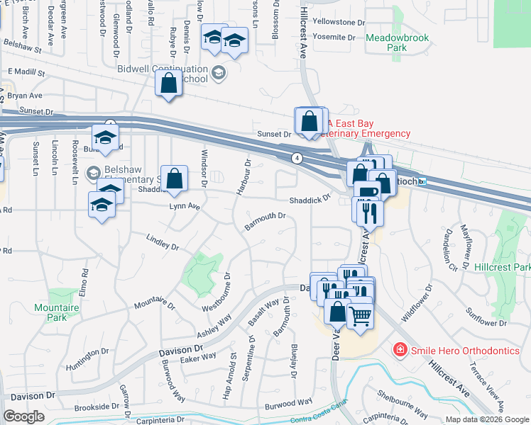 map of restaurants, bars, coffee shops, grocery stores, and more near 3028 Barmouth Drive in Antioch