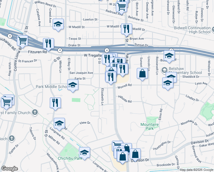 map of restaurants, bars, coffee shops, grocery stores, and more near in Antioch