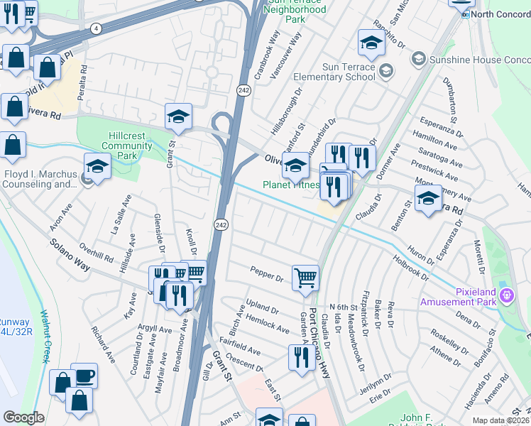 map of restaurants, bars, coffee shops, grocery stores, and more near 3024 Tosca Way in Concord