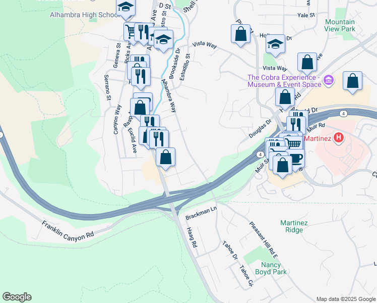 map of restaurants, bars, coffee shops, grocery stores, and more near 4110 Alhambra Way in Martinez