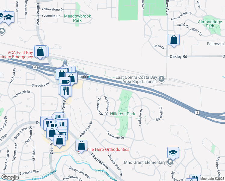 map of restaurants, bars, coffee shops, grocery stores, and more near 2709 Clover Court in Antioch
