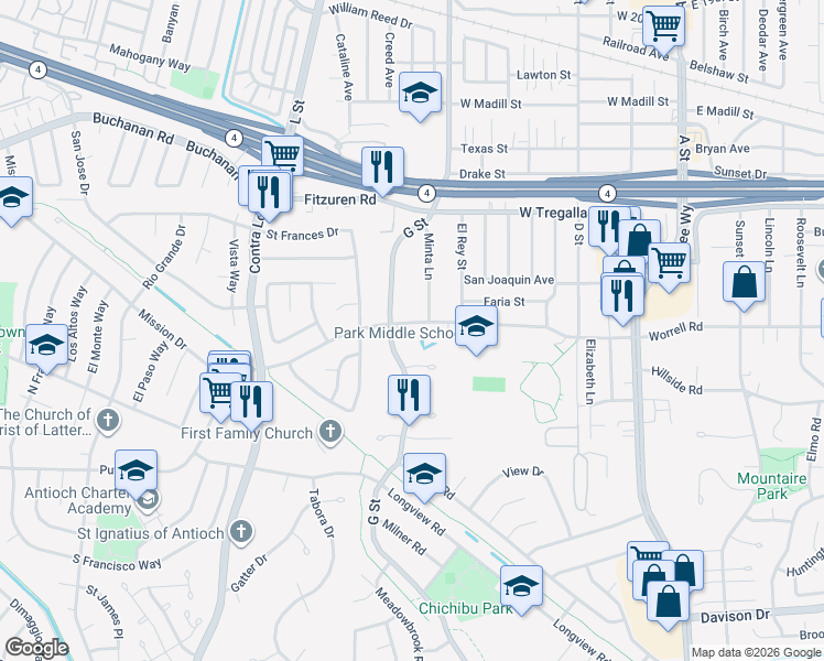 map of restaurants, bars, coffee shops, grocery stores, and more near 809 Putnam Street in Antioch