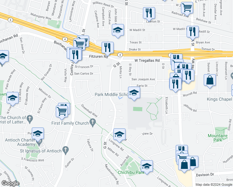 map of restaurants, bars, coffee shops, grocery stores, and more near 809 Putnam Street in Antioch