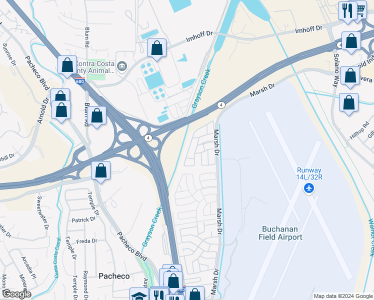 map of restaurants, bars, coffee shops, grocery stores, and more near 377 Avenida Flores in Pacheco