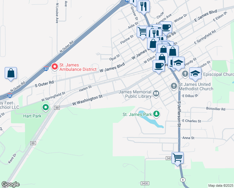 map of restaurants, bars, coffee shops, grocery stores, and more near 518 West Washington Street in Saint James