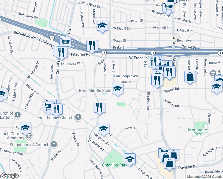 map of restaurants, bars, coffee shops, grocery stores, and more near 701 Putnam Street in Antioch