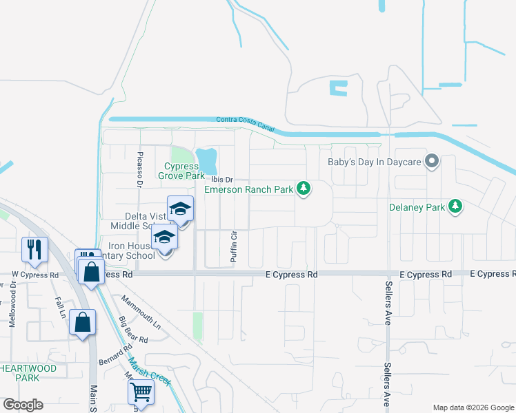 map of restaurants, bars, coffee shops, grocery stores, and more near 374 Parkfield Way in Oakley