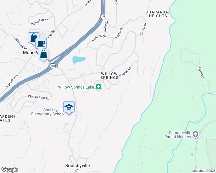 map of restaurants, bars, coffee shops, grocery stores, and more near 20477 Sherry Lane in Soulsbyville
