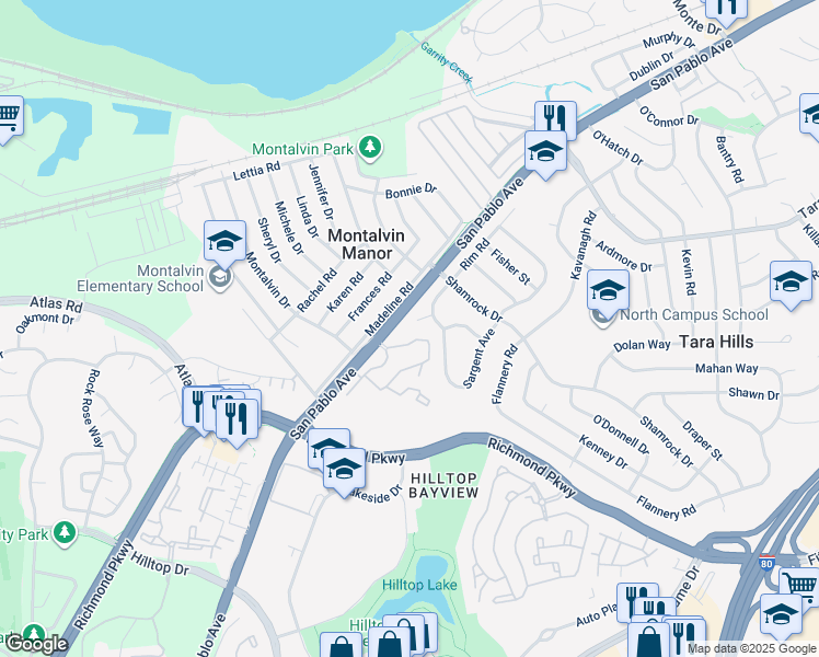 map of restaurants, bars, coffee shops, grocery stores, and more near 124 Zandra Court in San Pablo
