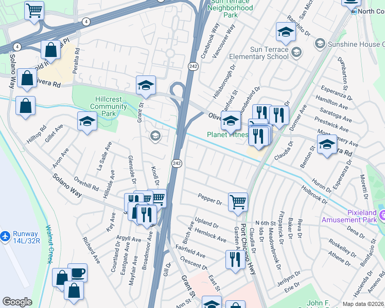 map of restaurants, bars, coffee shops, grocery stores, and more near 2207 Channing Court in Concord