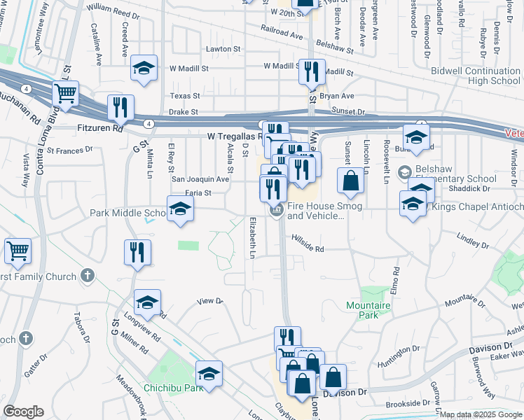 map of restaurants, bars, coffee shops, grocery stores, and more near 2832 Plumleigh Avenue in Antioch