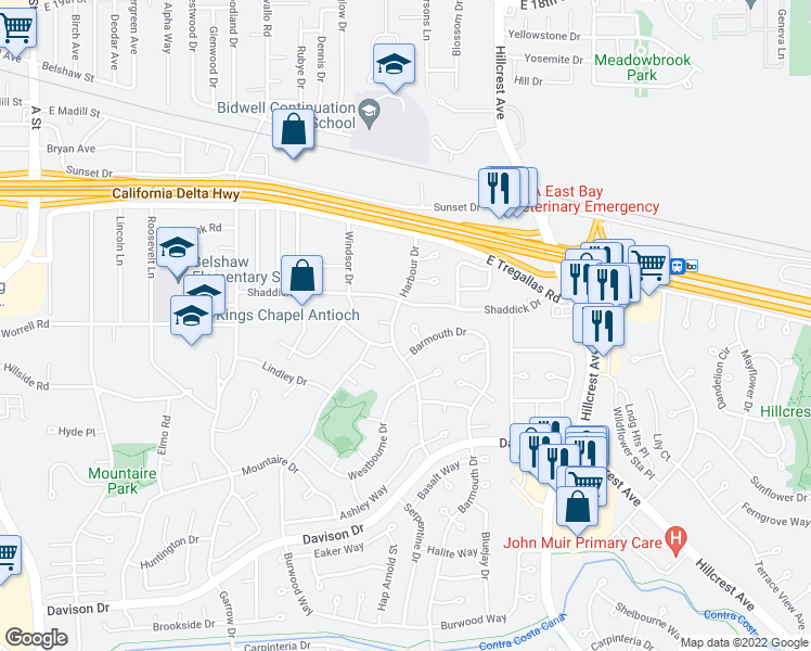 map of restaurants, bars, coffee shops, grocery stores, and more near 1119 Albans Court in Antioch
