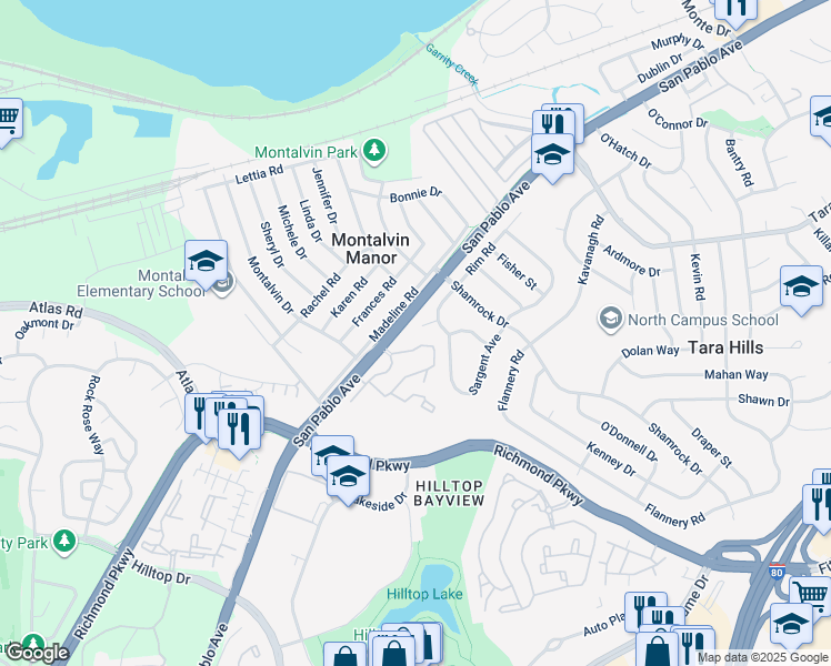 map of restaurants, bars, coffee shops, grocery stores, and more near 124 Zandra Court in San Pablo
