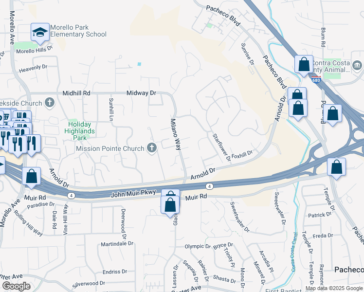 map of restaurants, bars, coffee shops, grocery stores, and more near 1900 La Veranda Place in Martinez