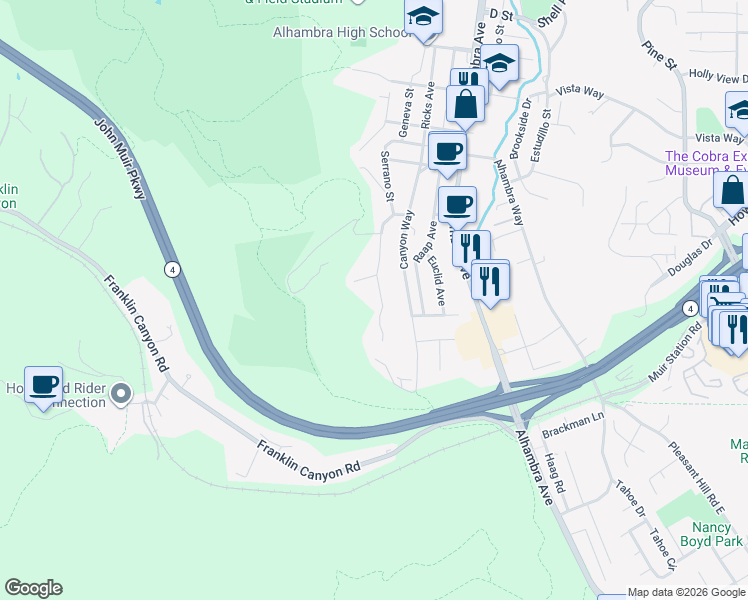 map of restaurants, bars, coffee shops, grocery stores, and more near 4030 Saint Marys Street in Martinez
