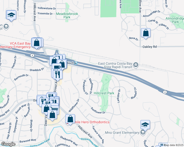 map of restaurants, bars, coffee shops, grocery stores, and more near 2708 Clover Court in Antioch